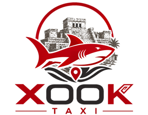 Emblema XOOK: tiburón sobre las ruinas mayas de Tulum